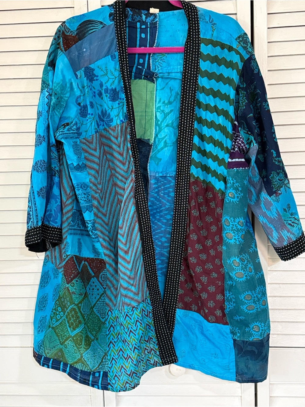Blue Patchwork Kimono with Black Trim